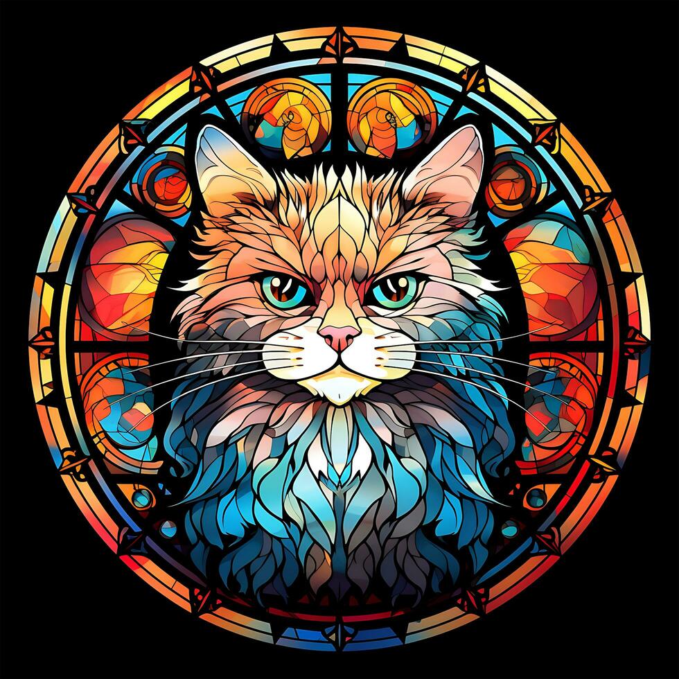 There is a Cat Face Stained Glass illustration art circle shape vector generative ai photo