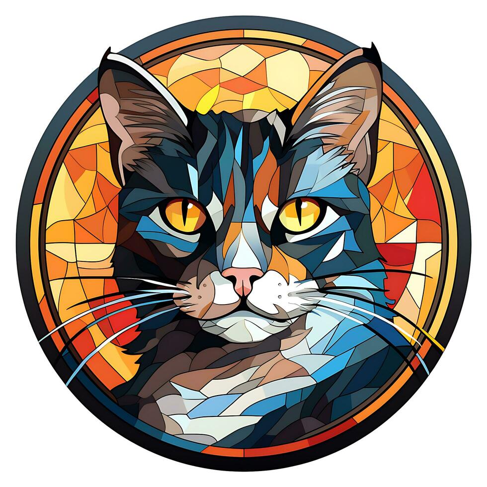 There is a Cat Face Stained Glass illustration art circle shape vector generative ai photo