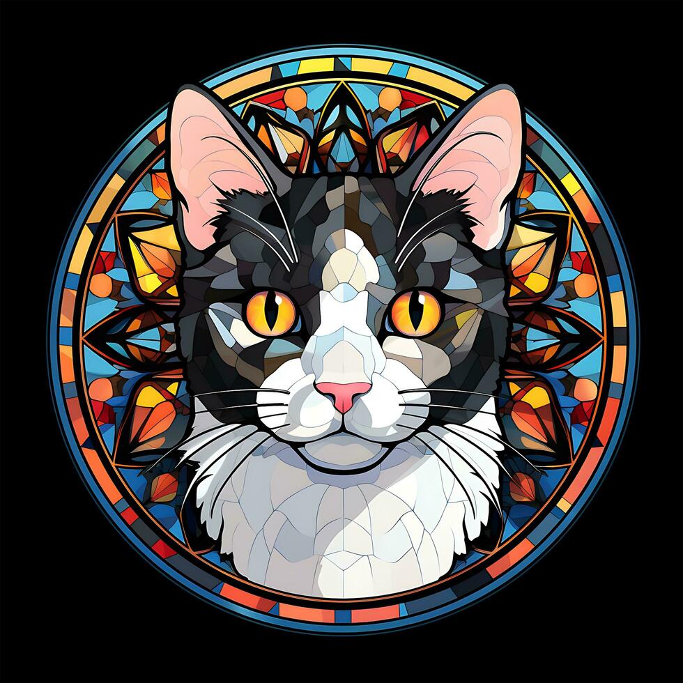 There is a Cat Face Stained Glass illustration art circle shape vector generative ai photo