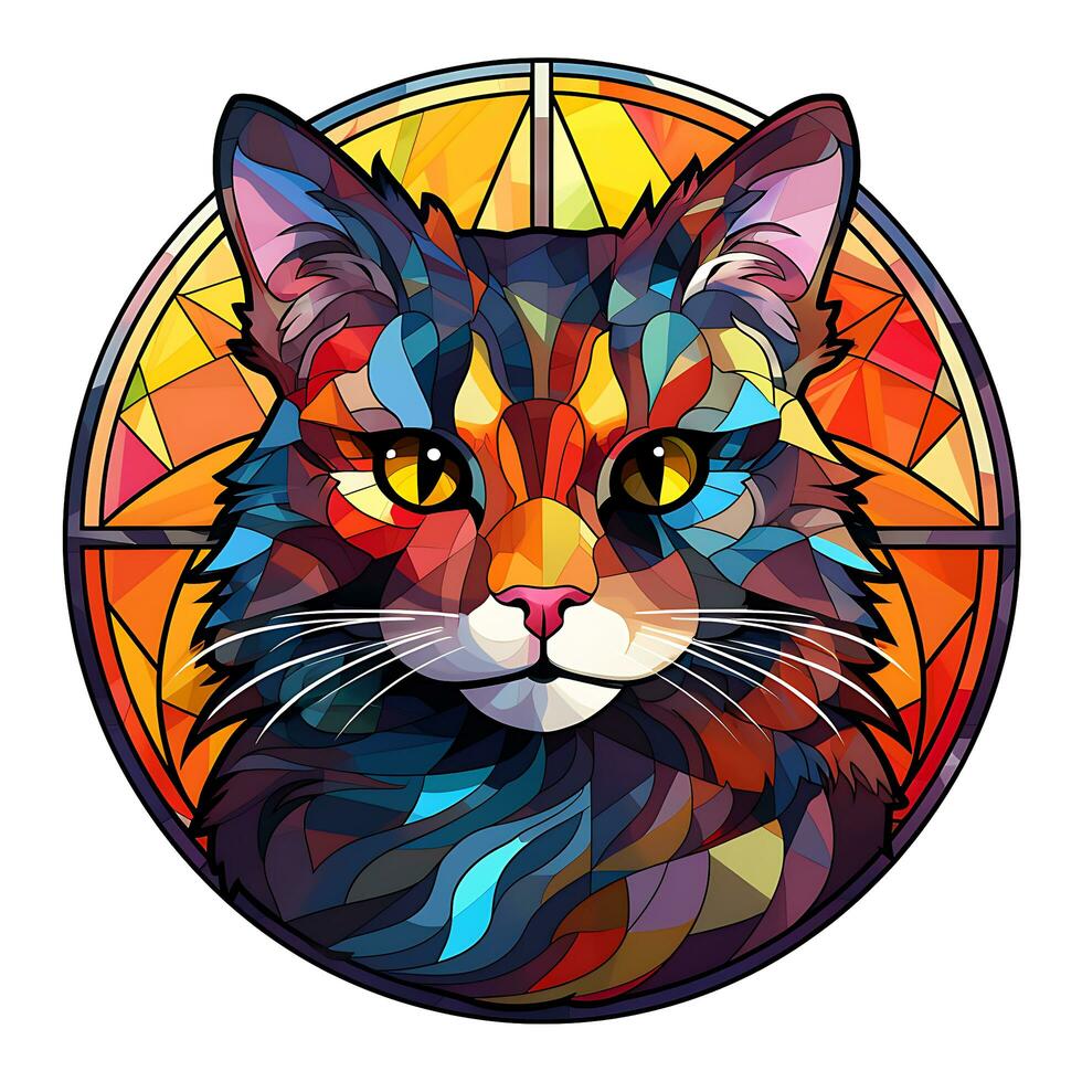 There is a Cat Face Stained Glass illustration art circle shape vector generative ai photo