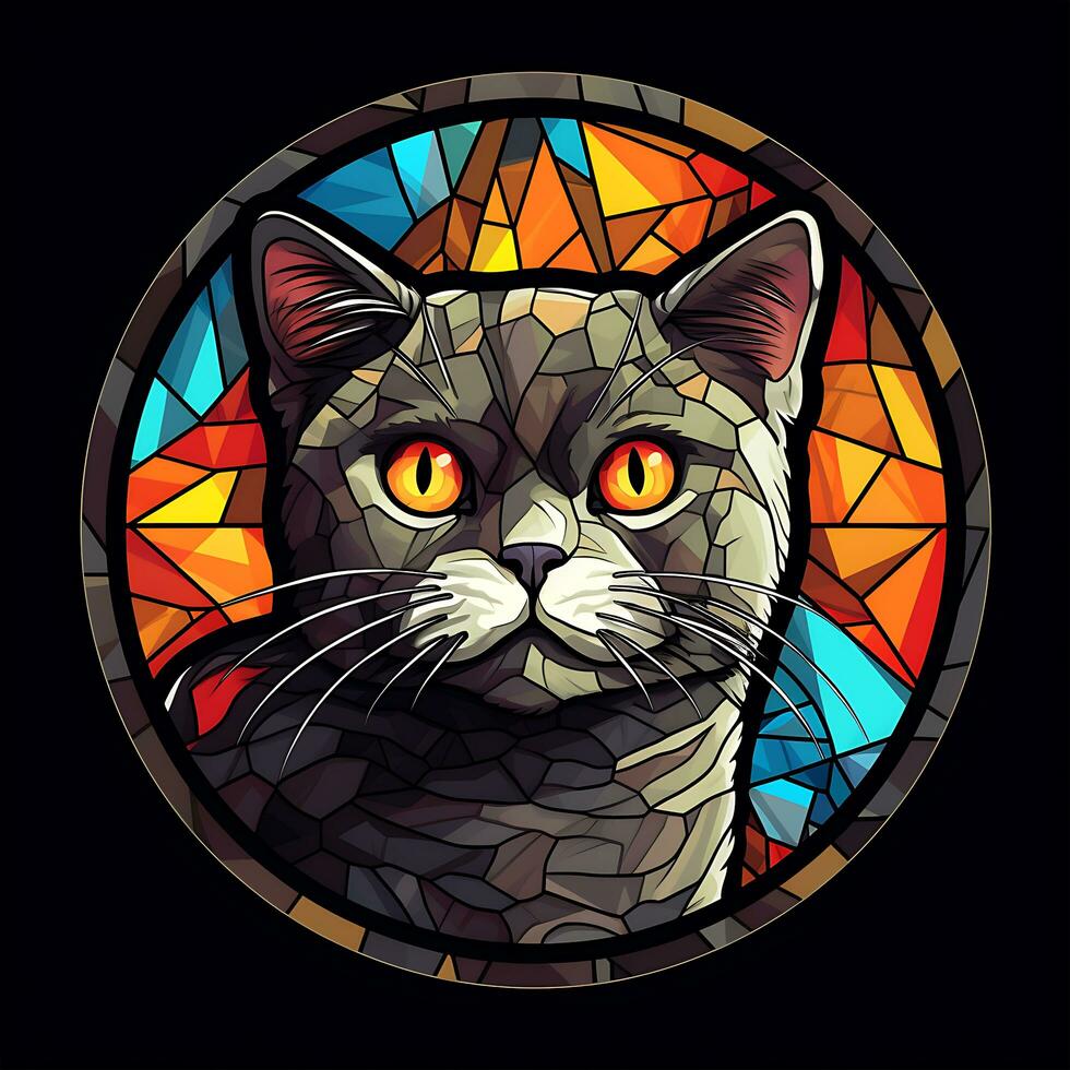 There is a Cat Face Stained Glass illustration art circle shape vector generative ai photo