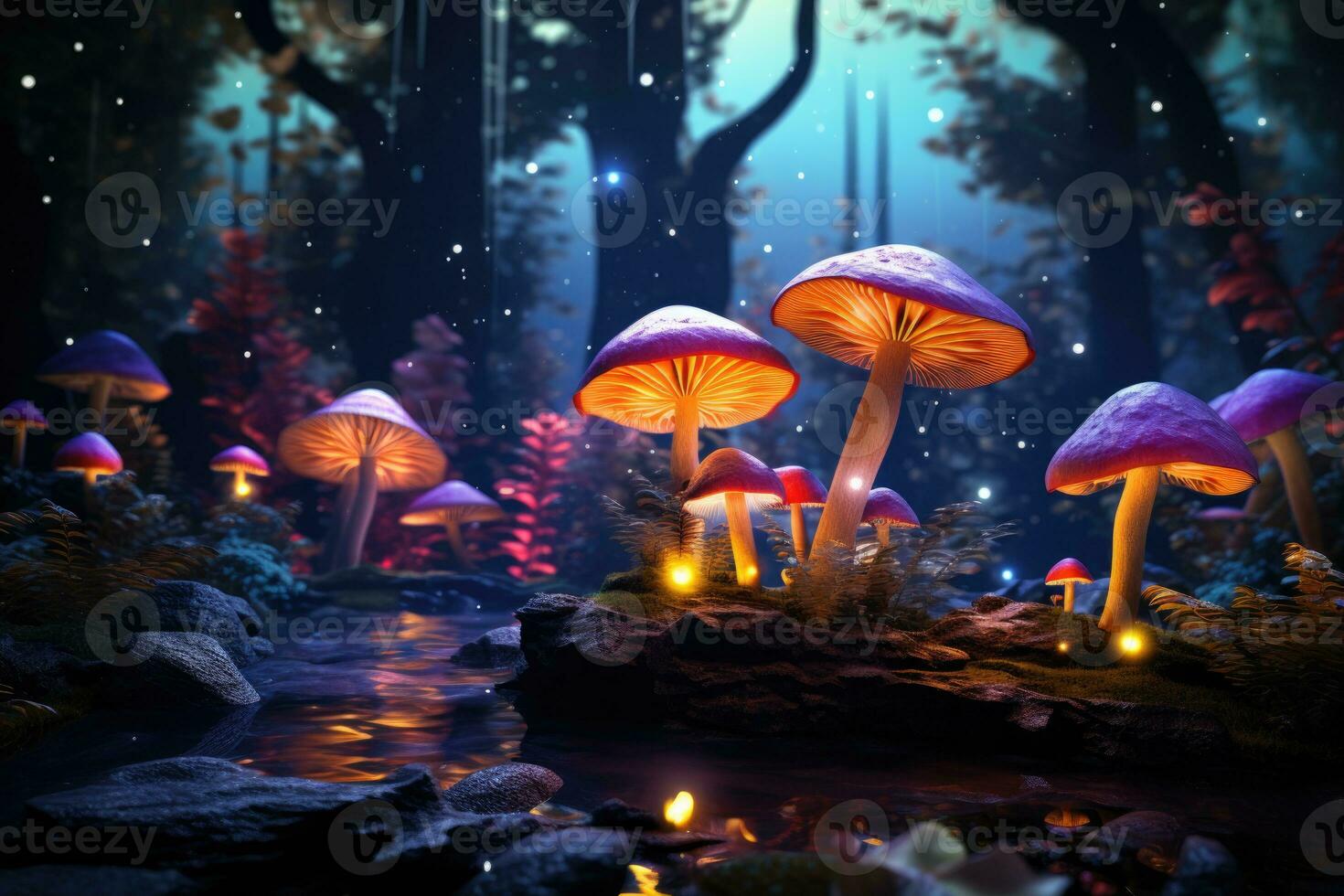 Magic mushrooms in the forest. AI Generated photo