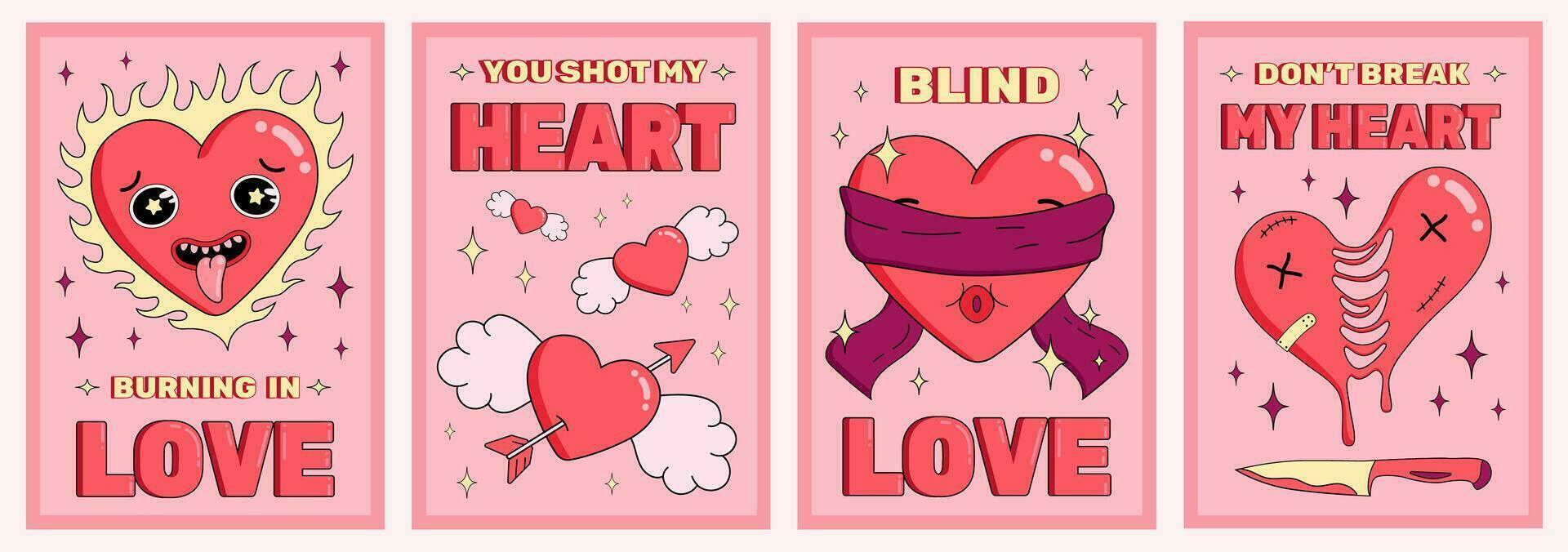 Set of Valentine's Day posters with cute groovy heart characters, symbols of love, vertical banners, gifts, postcards, vector illustration.