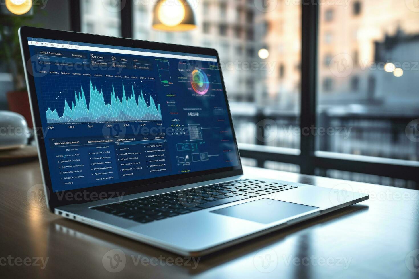 Laptop with financial markets analysis on screen. Generative AI photo