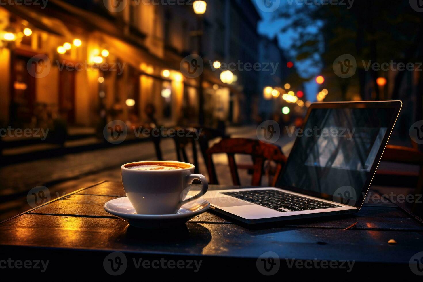 Laptop and cup of coffee at night street cafe. Generative AI photo