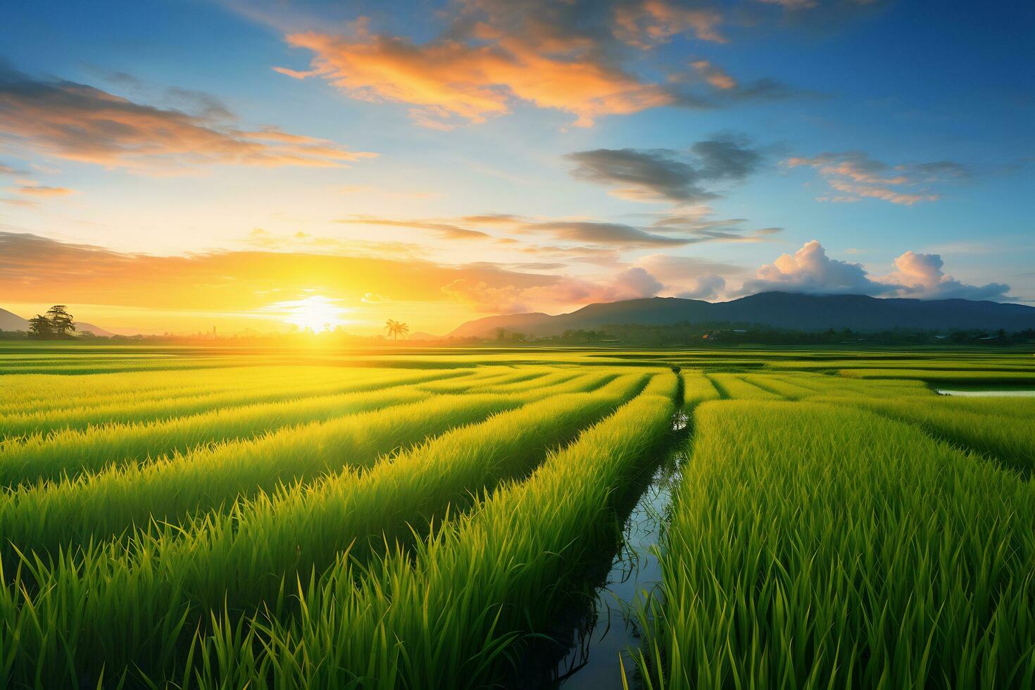 Idyllic Sunrise over Rice Fields AI Generative photo