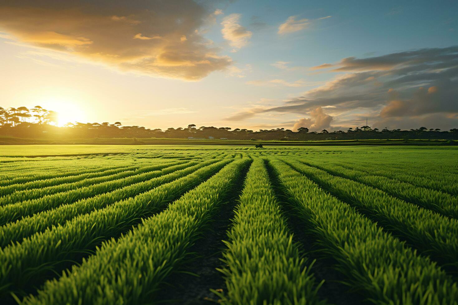 Idyllic Sunrise over Rice Fields AI Generative photo