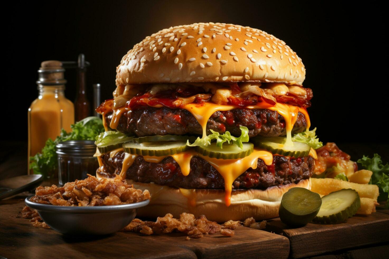 A big cheese burger on top of wooden table AI Generative photo
