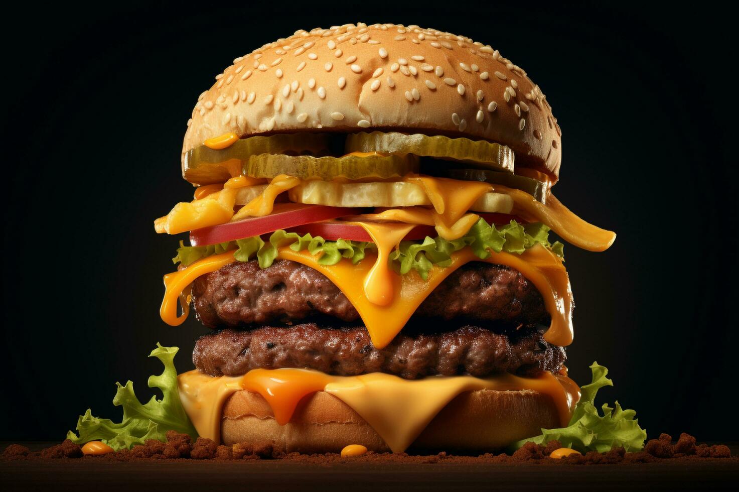 A big cheese burger on top of wooden table AI Generative photo