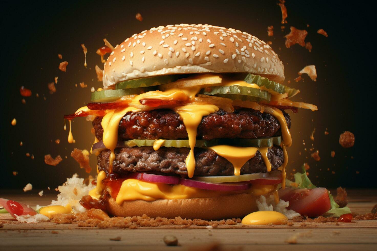 A big cheese burger on top of wooden table AI Generative photo