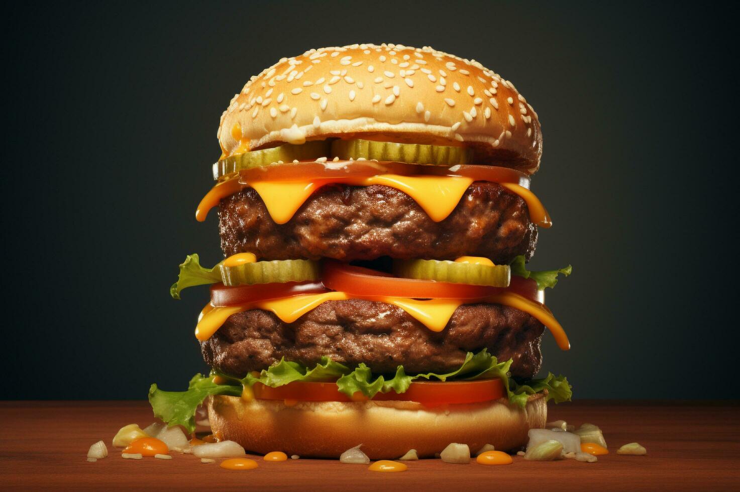 A big cheese burger on top of wooden table AI Generative photo
