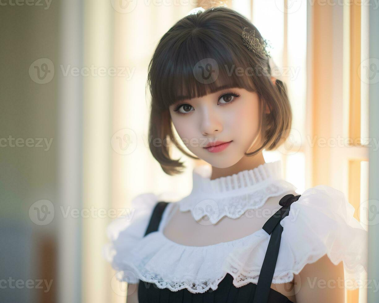 linda asiático joven niña vestido en lolita mucama vestir ai generativo foto