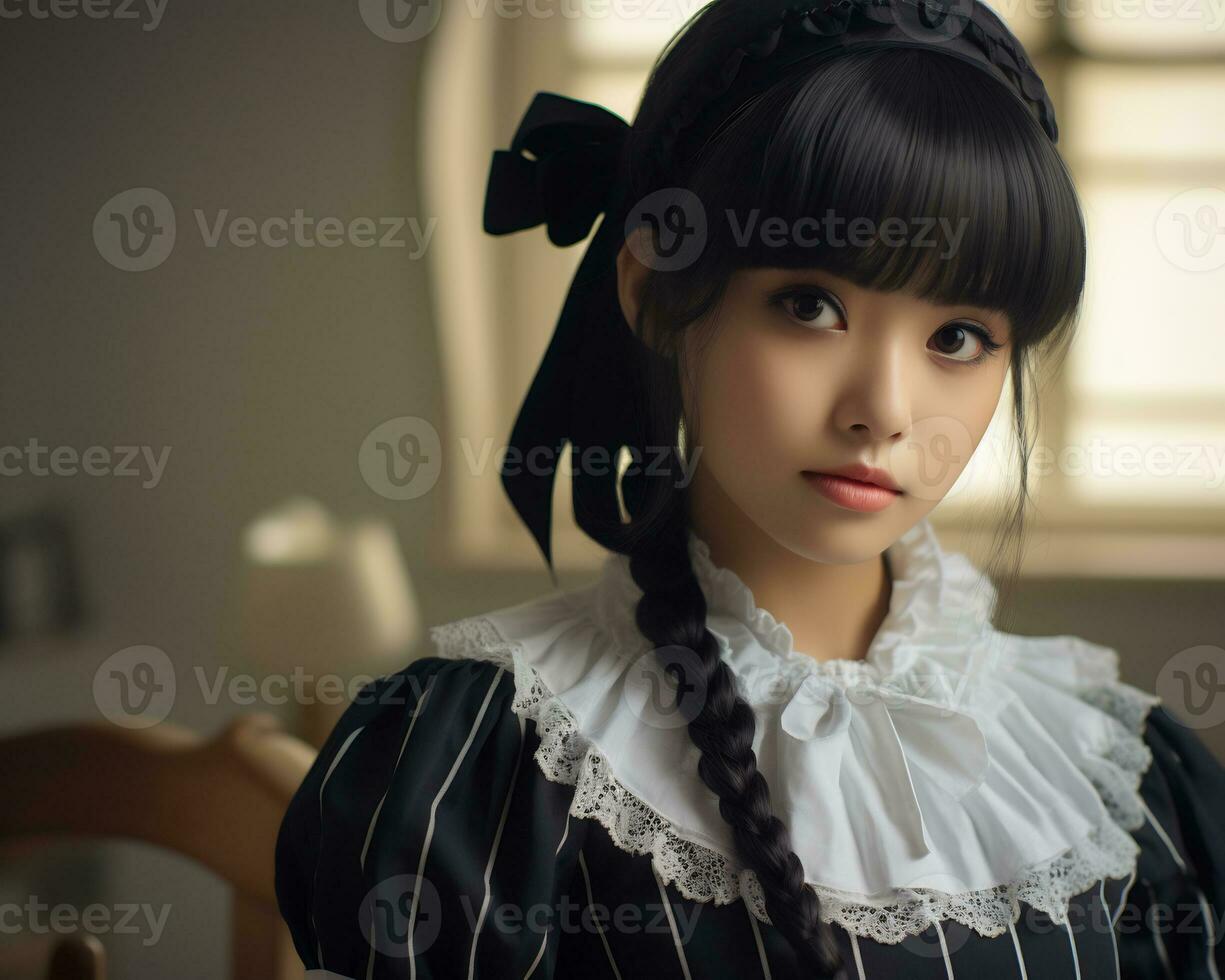 Cute asian young girl dressed in lolita maid dress AI Generative photo