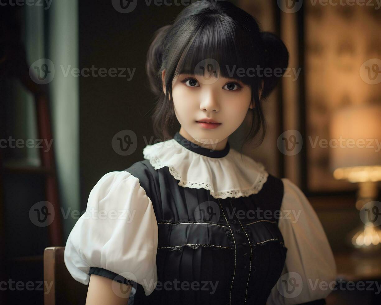 Cute asian young girl dressed in lolita maid dress AI Generative photo