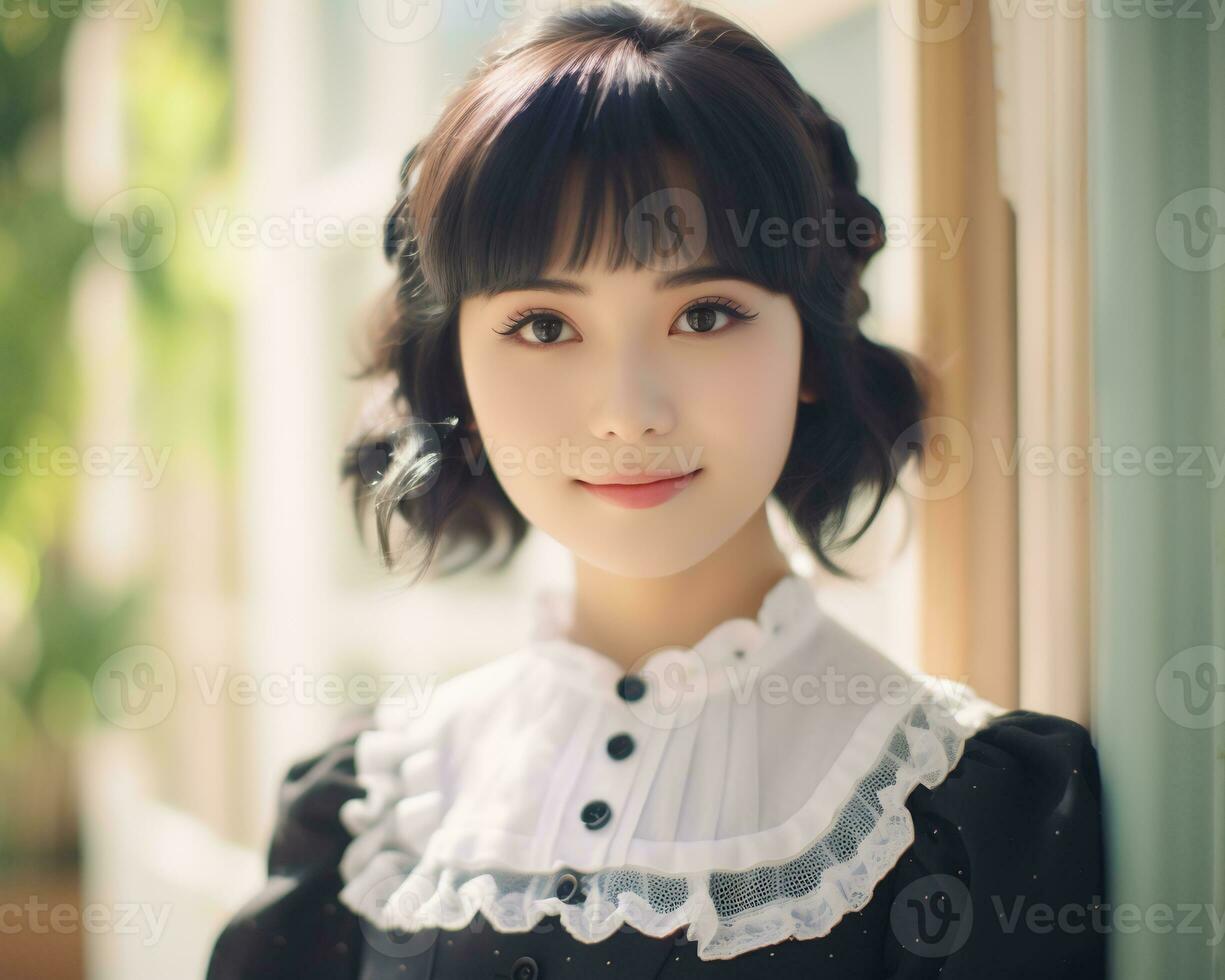 Cute asian young girl dressed in lolita maid dress AI Generative photo