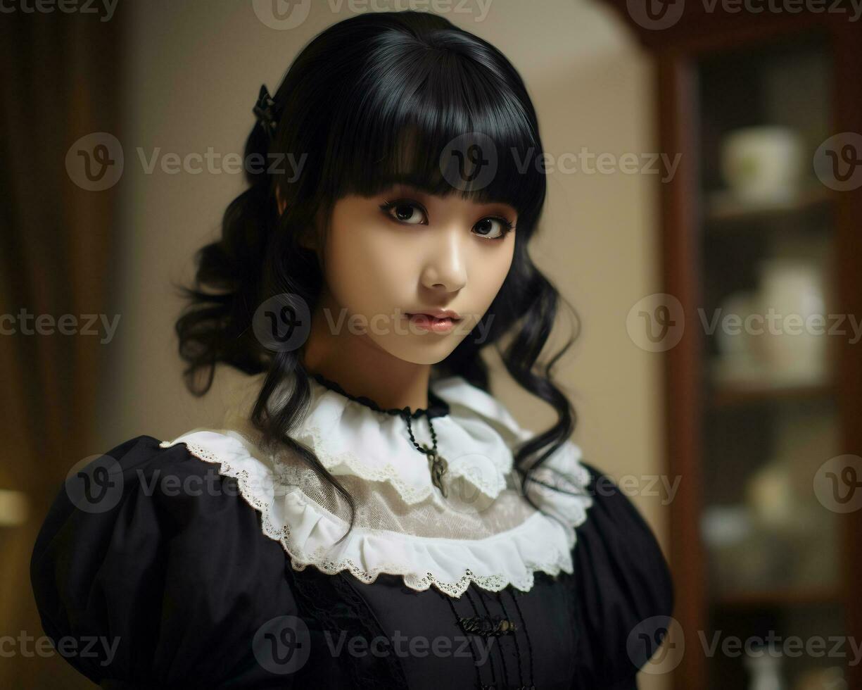 Cute asian young girl dressed in lolita maid dress AI Generative photo