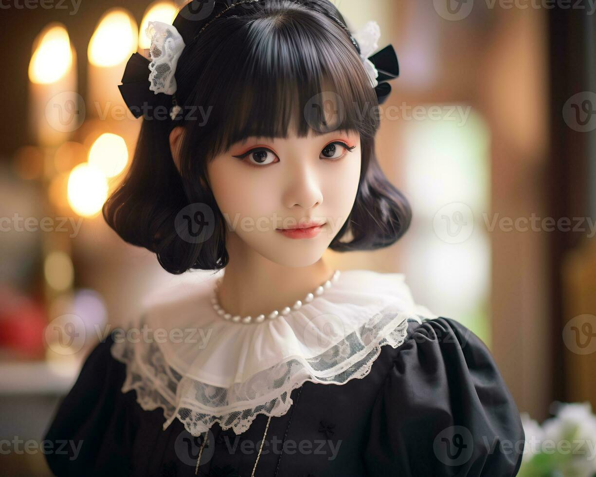 linda asiático joven niña vestido en lolita mucama vestir ai generativo foto
