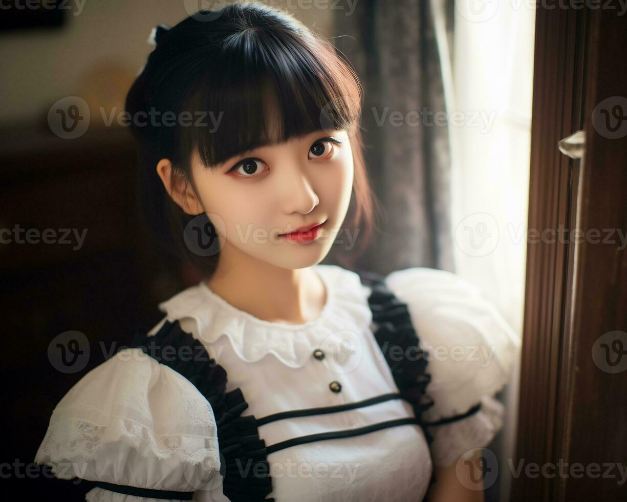 Cute asian young girl dressed in lolita maid dress AI Generative photo