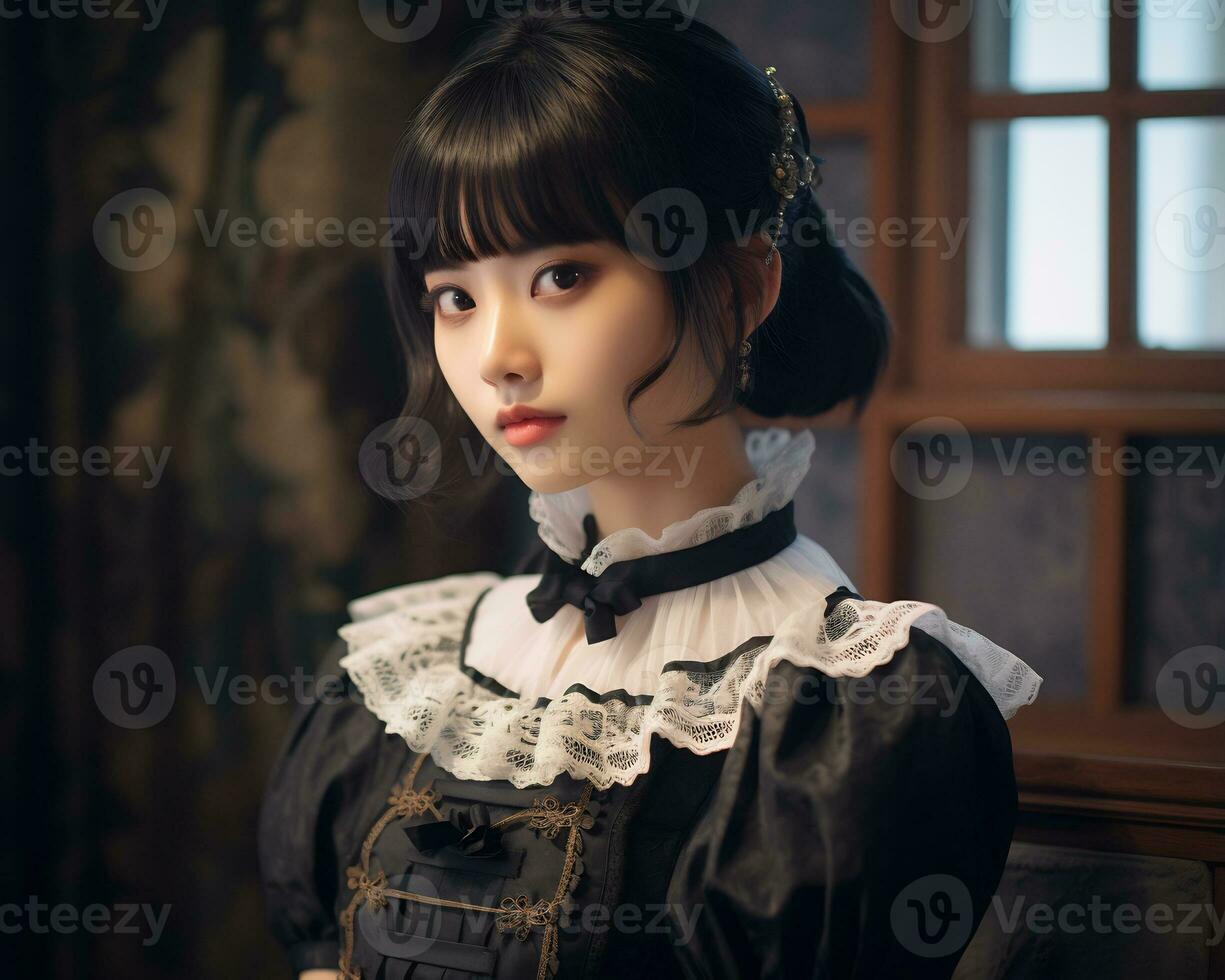 Cute asian young girl dressed in lolita maid dress AI Generative photo