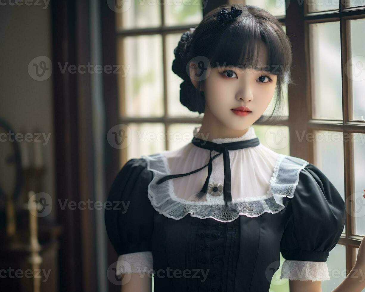 Cute asian young girl dressed in lolita maid dress AI Generative photo