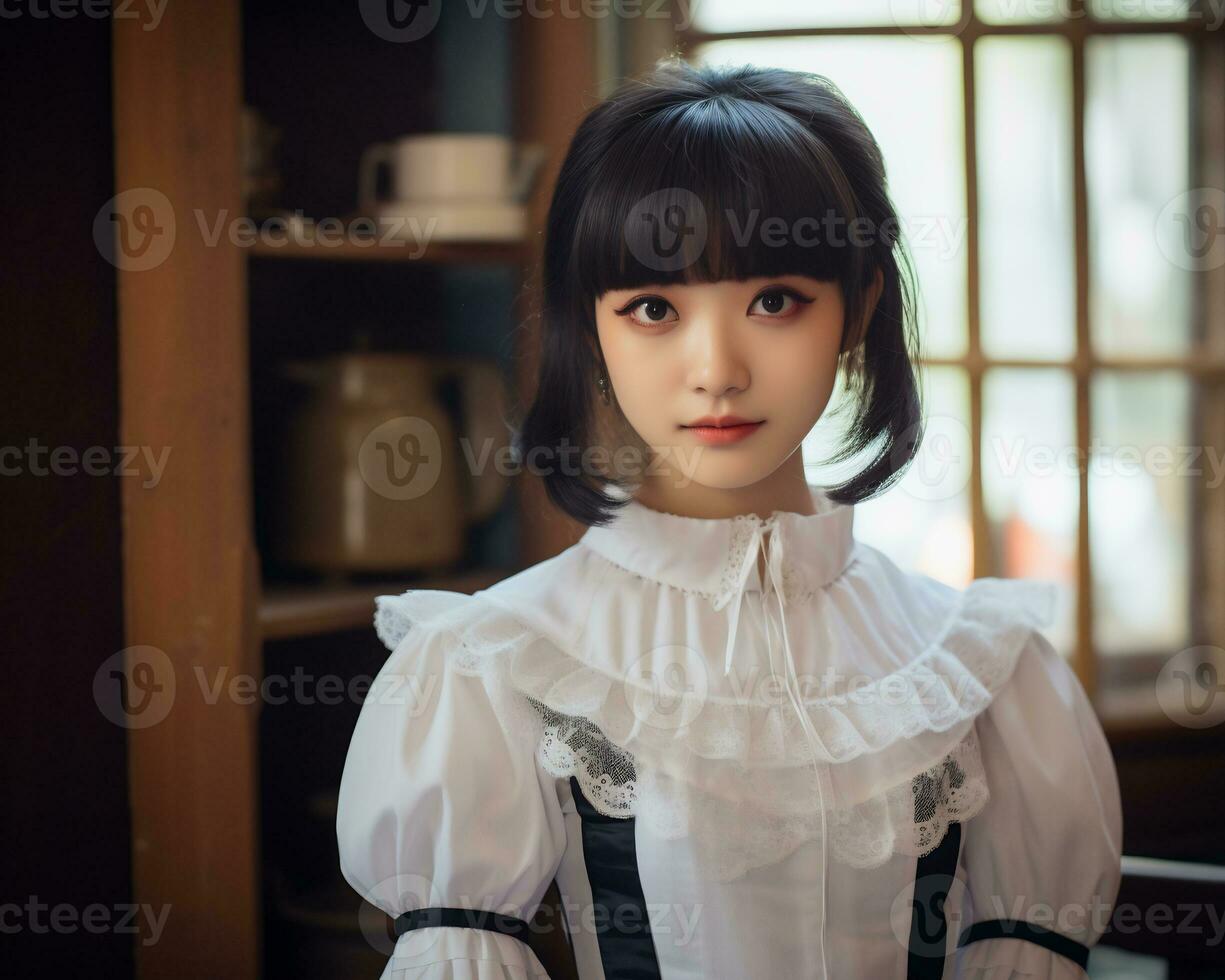 Cute asian young girl dressed in lolita maid dress AI Generative photo