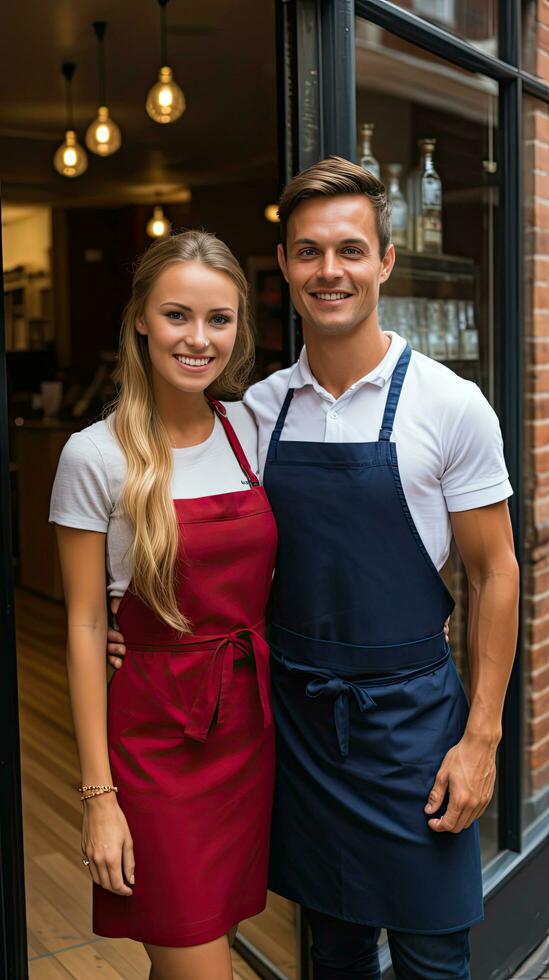 man and woman stand in aprons in front of door photo