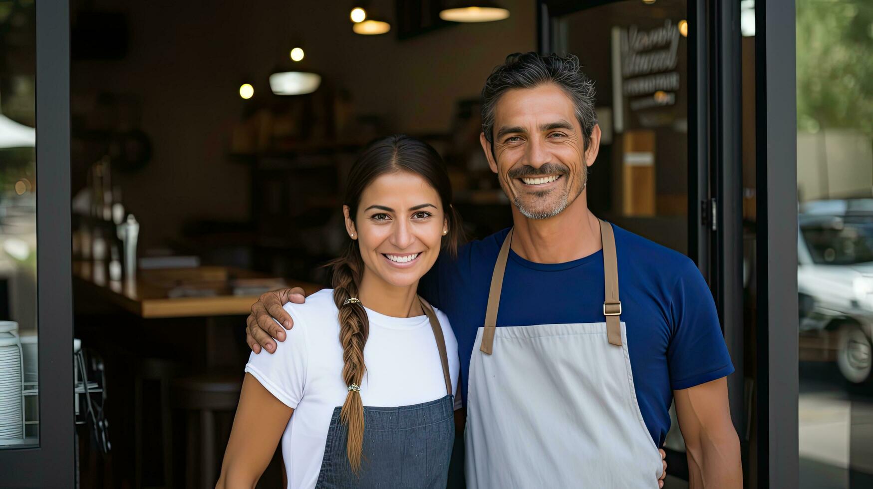 a man and a woman stand in aprons in front of a door photo