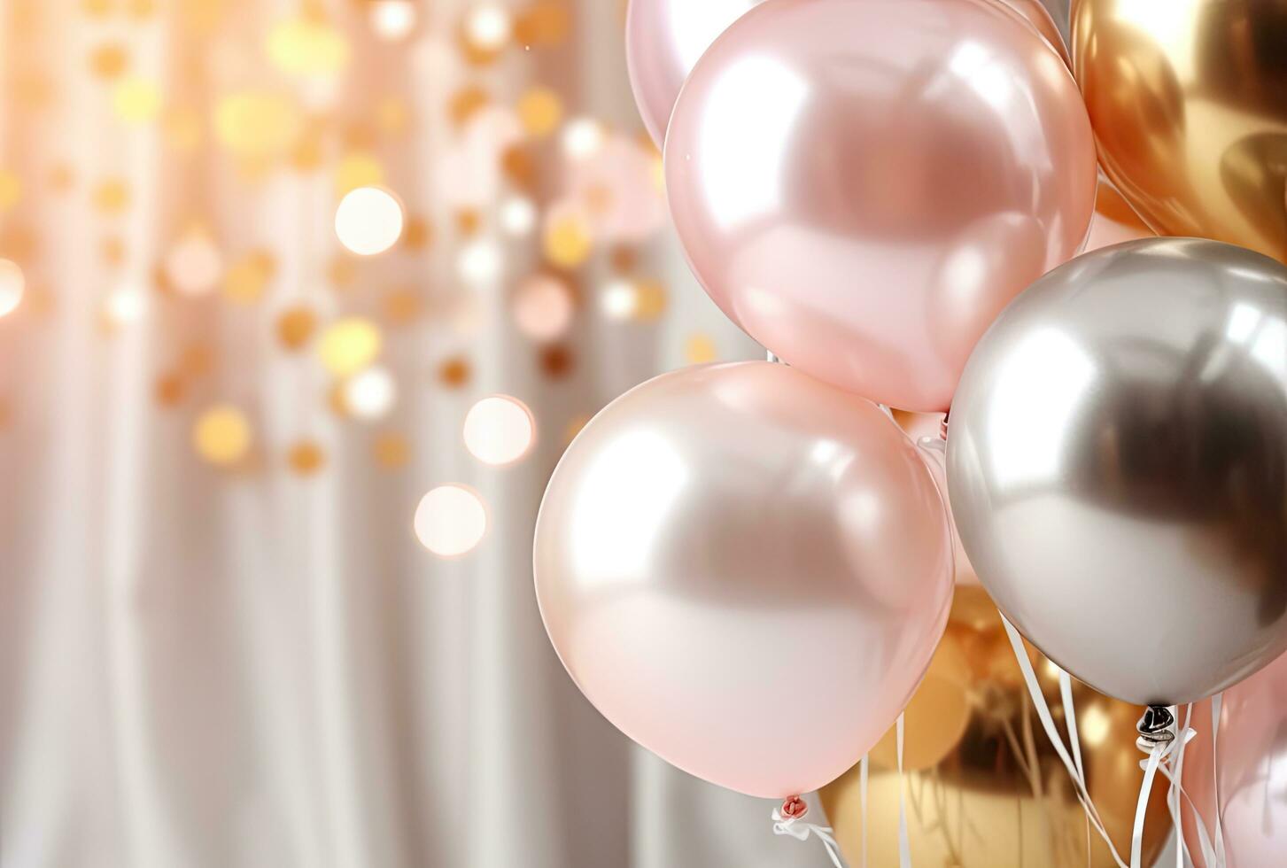 white, gold, and silver balloons floating on a pink background photo