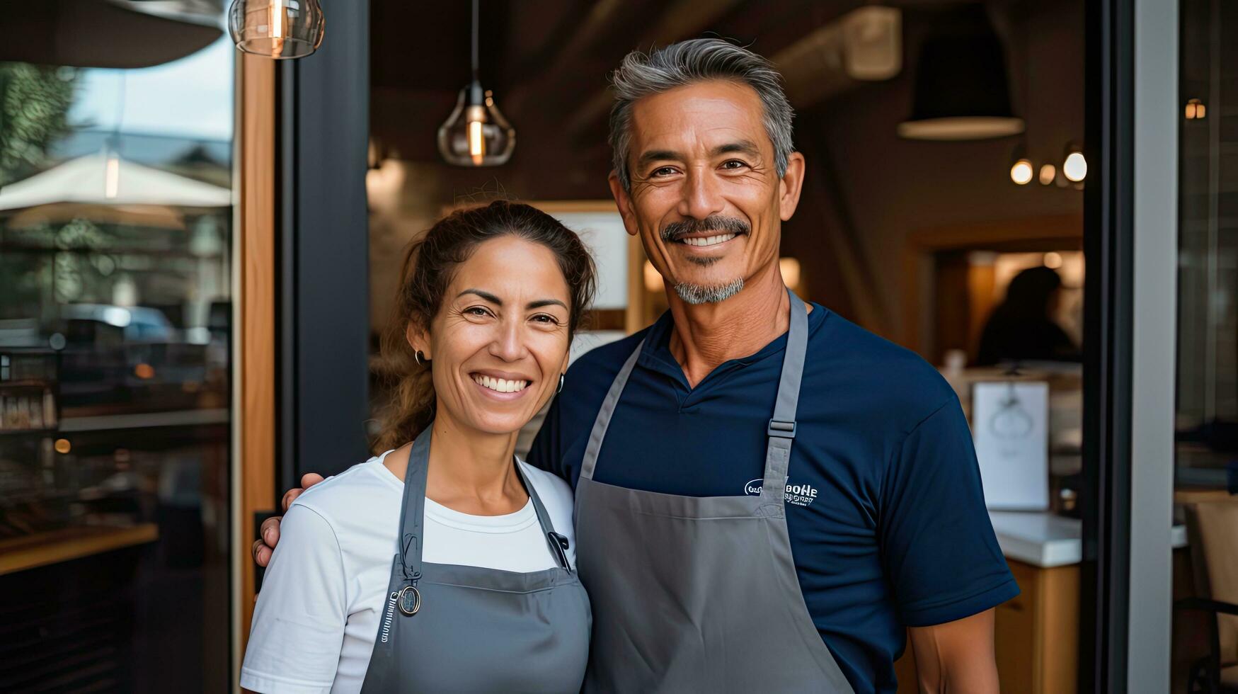 a man and a woman stand in aprons in front of a door photo