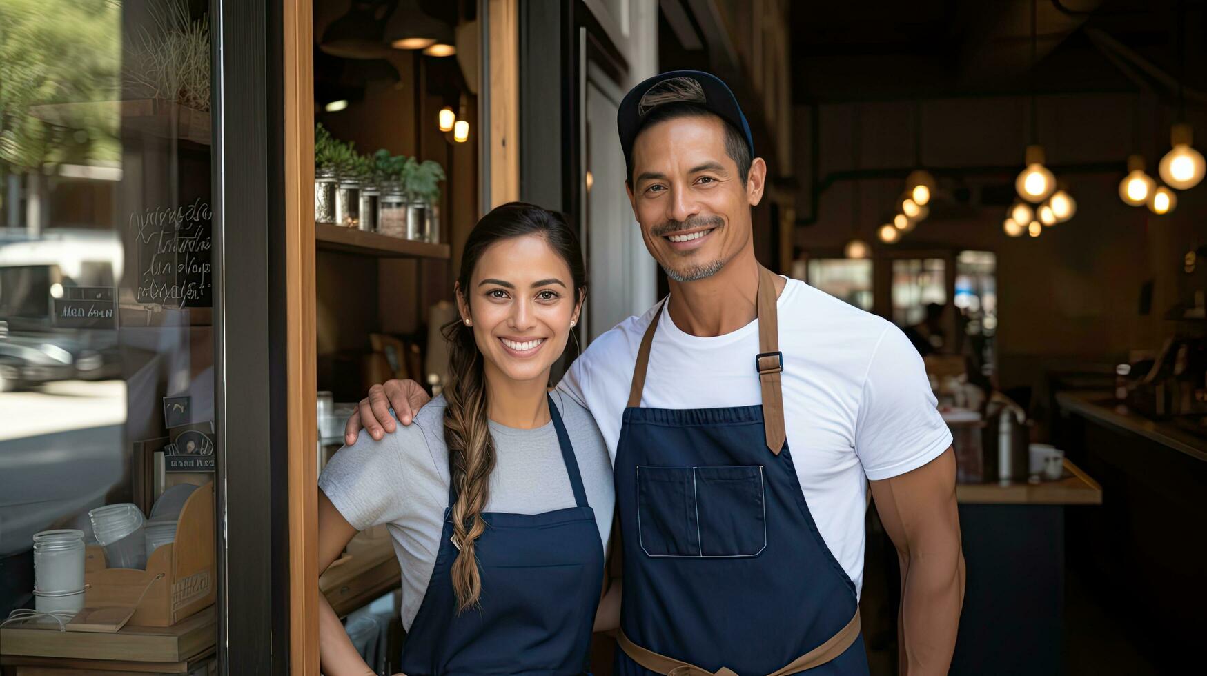 a man and a woman stand in aprons in front of a door photo