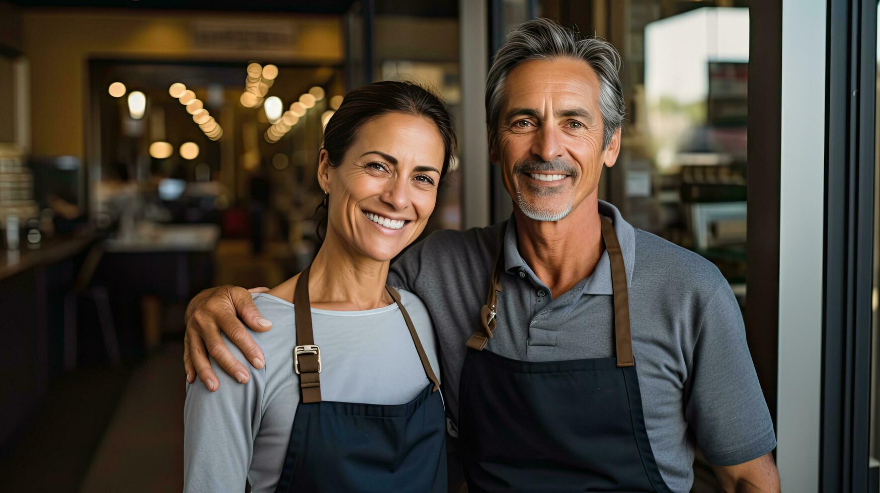 a man and a woman stand in aprons in front of a door photo