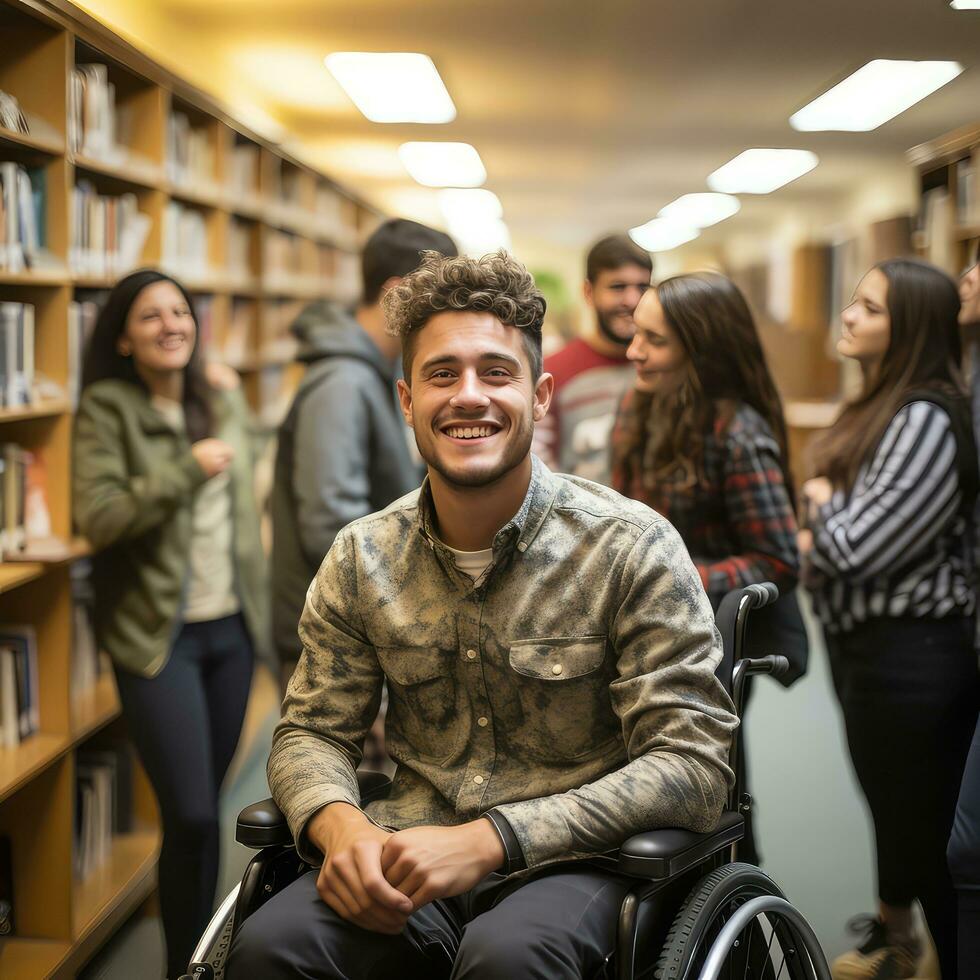 joven hombre en un silla de ruedas rodeado por amigos en el biblioteca foto