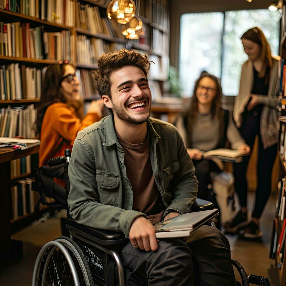 joven hombre en un silla de ruedas rodeado por amigos en el biblioteca foto