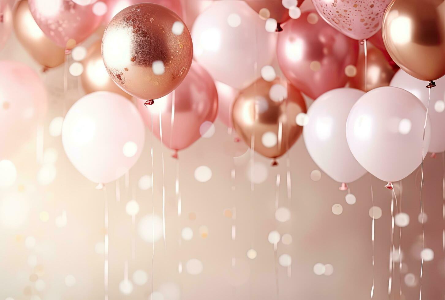 white, gold, and silver balloons floating on a pink background photo