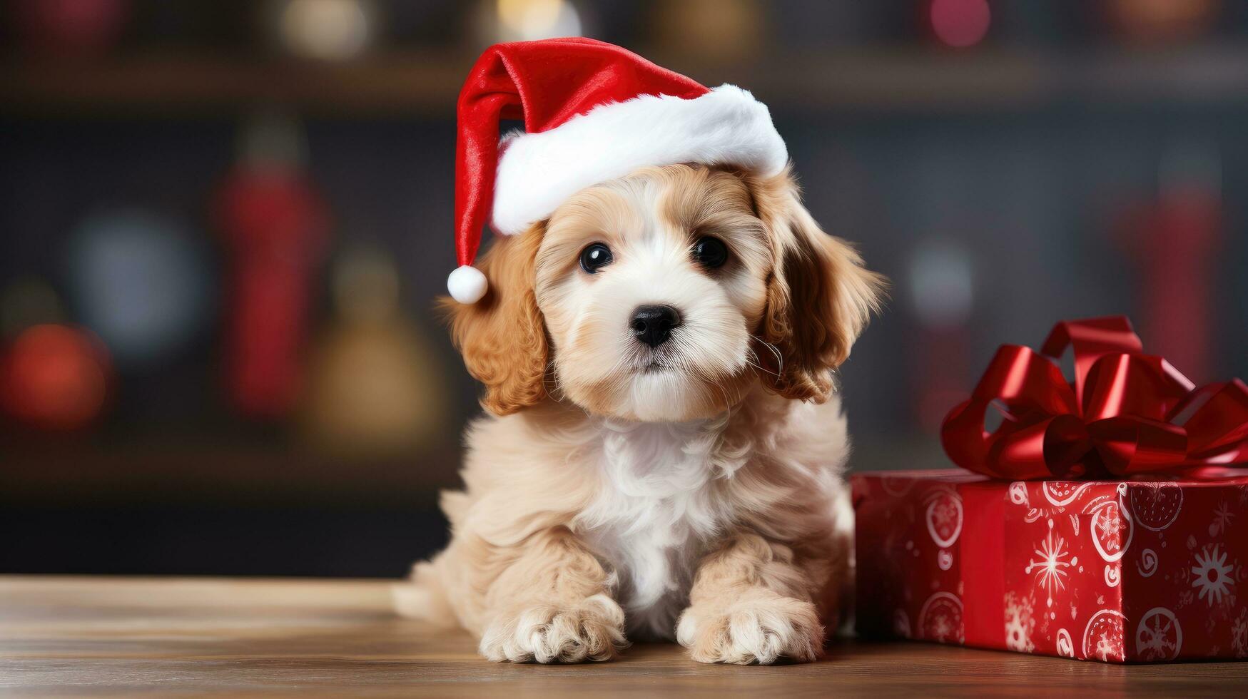 cute dog in santas hat with gift box photo