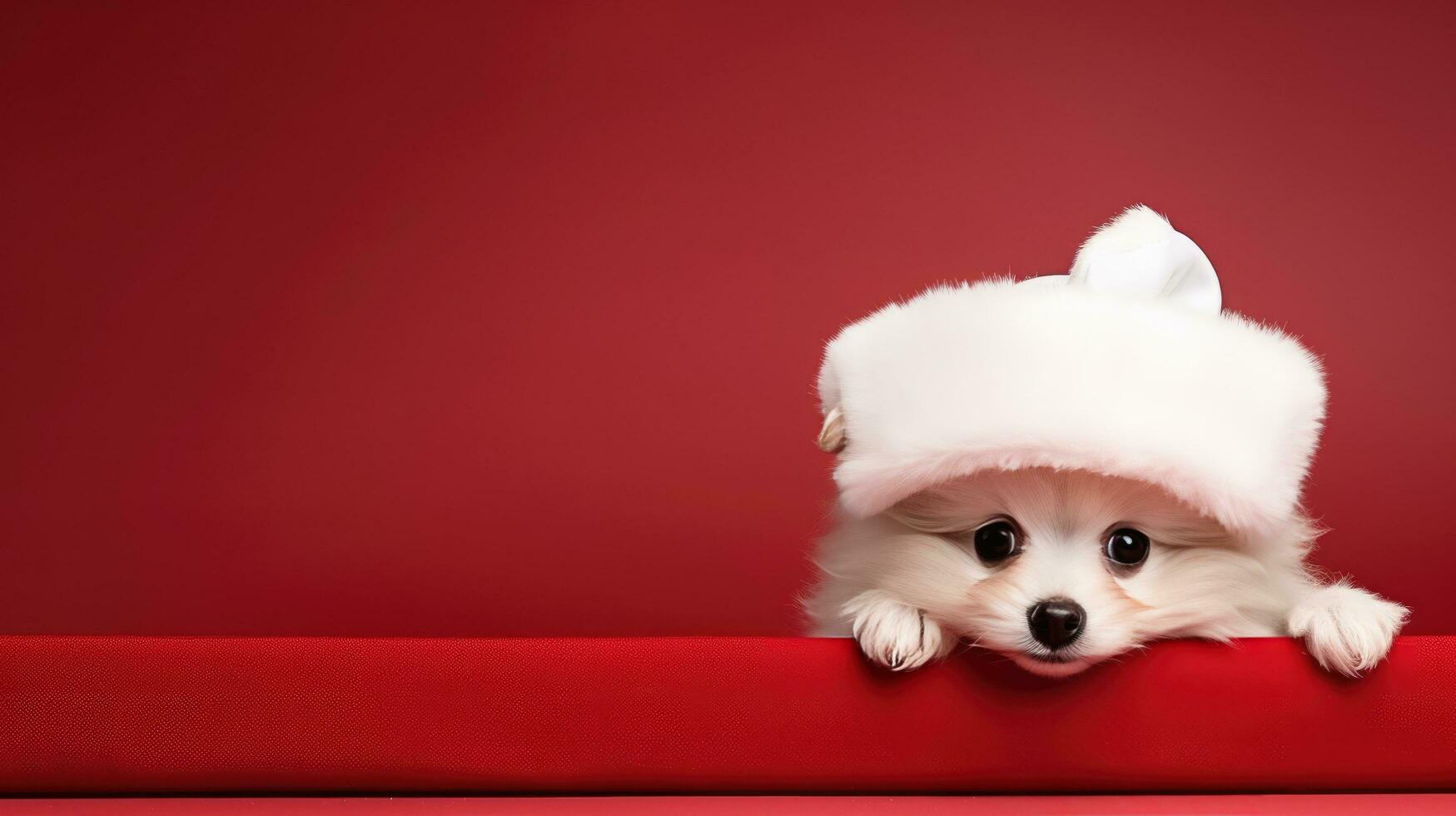 linda perro en santas sombrero con regalo caja foto