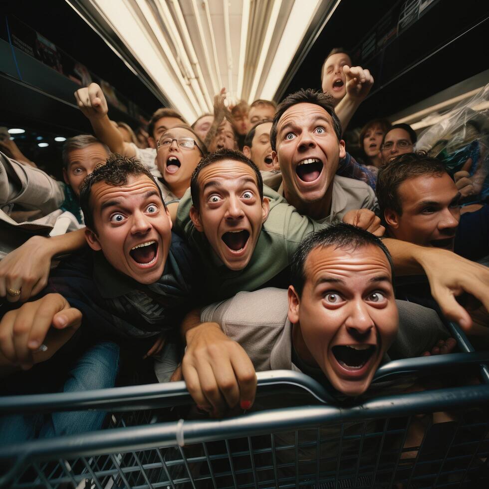 Crowded shopping cart. Stocking up on discounted items photo