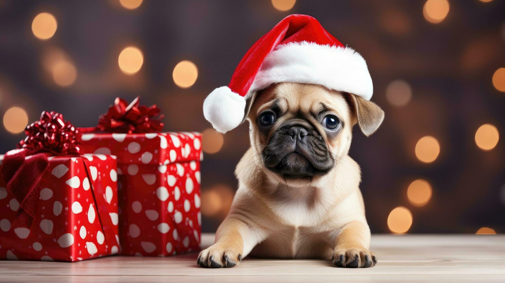 cute dog in santas hat with gift box photo