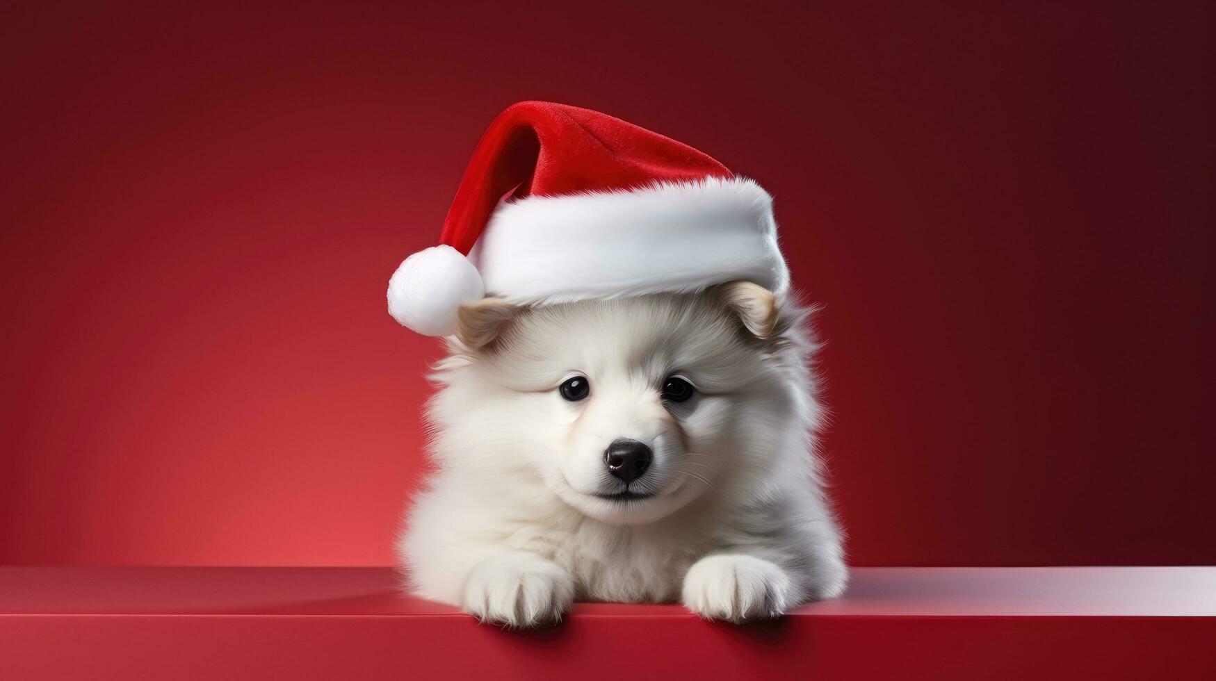 cute dog in santas hat with gift box photo