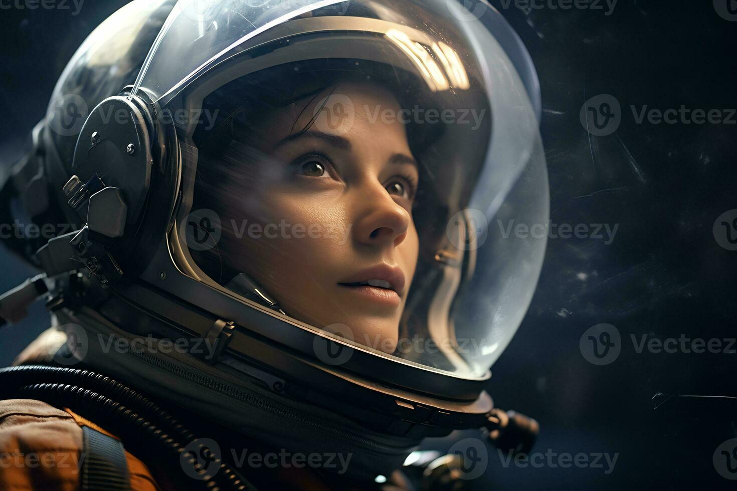 a Beautiful woman in a space suit looking out to the spaceship window AI Generative photo