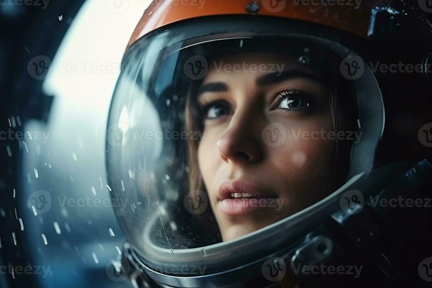 a Beautiful woman in a space suit looking out to the spaceship window AI Generative photo