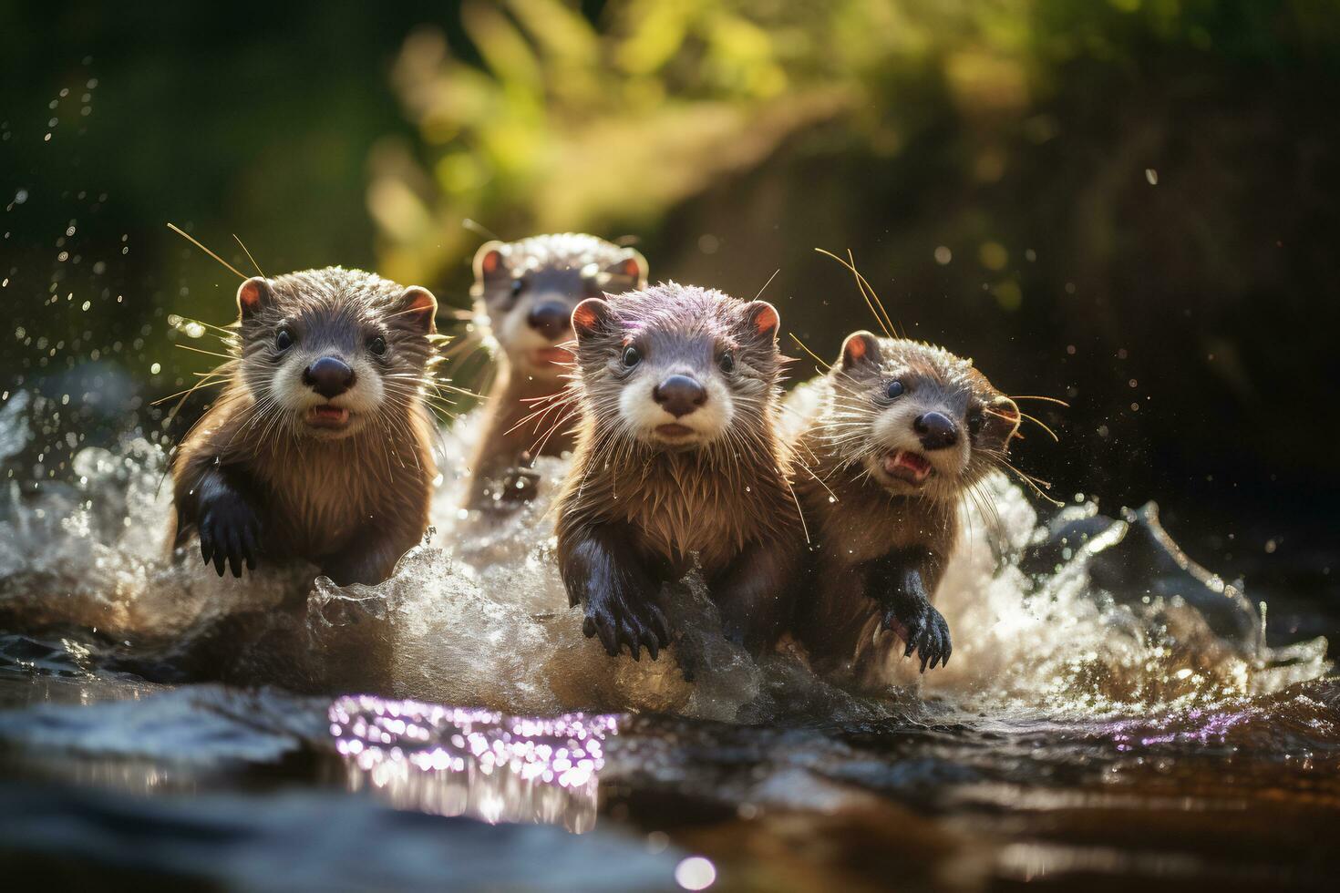 Group of playful otters swimming in the river AI Generative photo