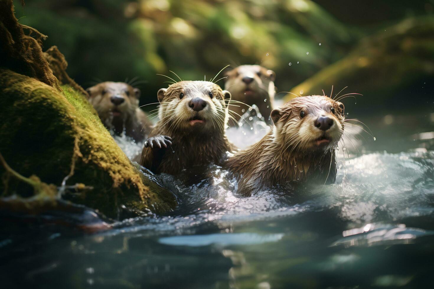 Group of playful otters swimming in the river AI Generative photo