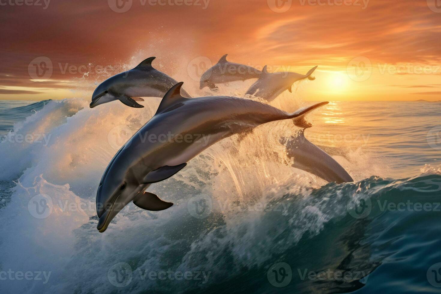 Dolphin Jumping at Sunset in the Ocean AI Generative photo