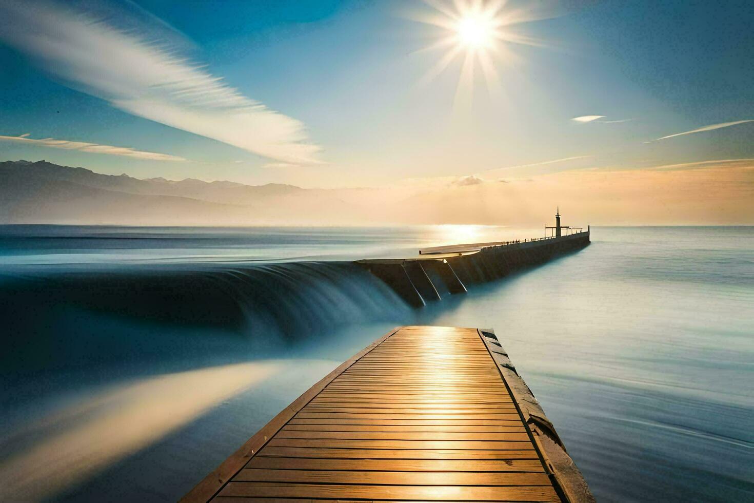 a long exposure photo of a pier in the ocean. AI-Generated