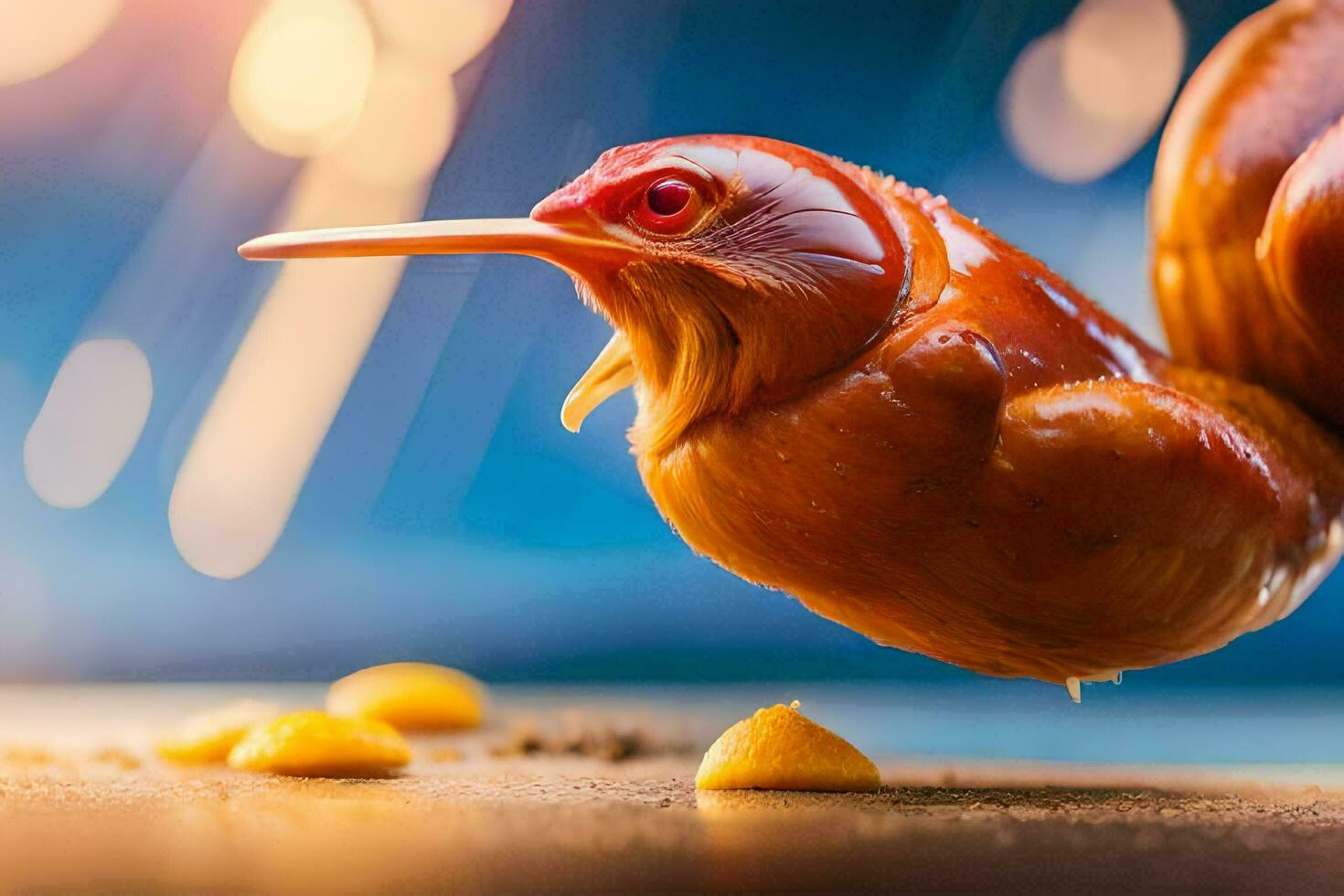 a close up of a chicken with its head in the air. AI-Generated photo