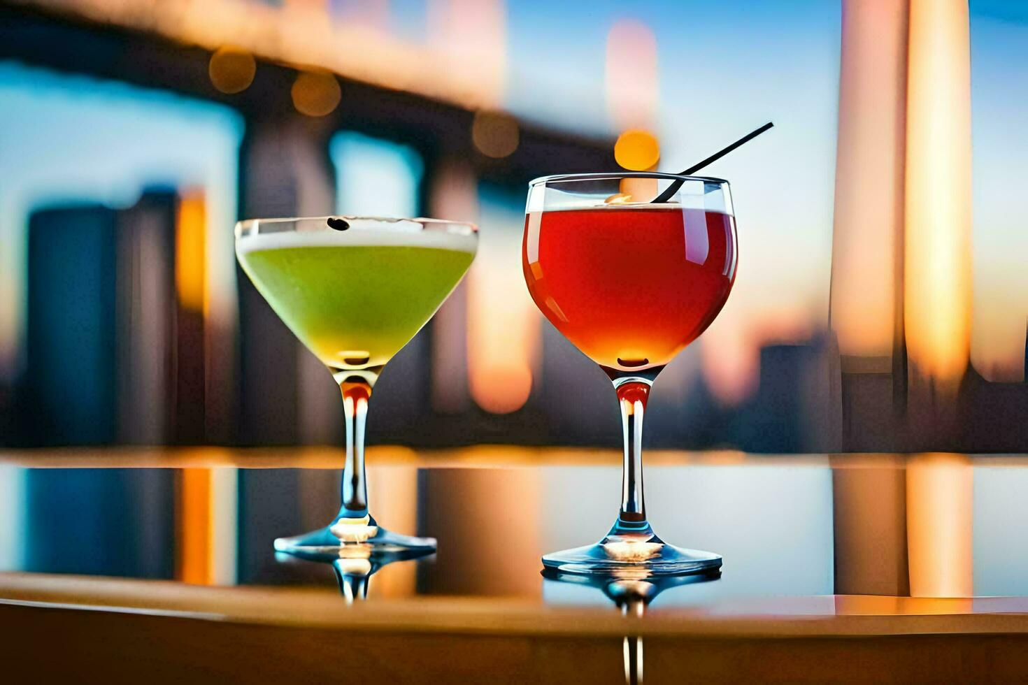 two cocktails sit on a table in front of a city skyline. AI-Generated photo