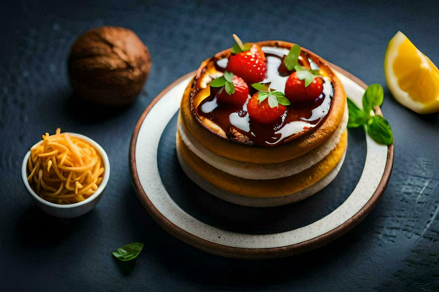 a cake with strawberries and cheese on top. AI-Generated photo
