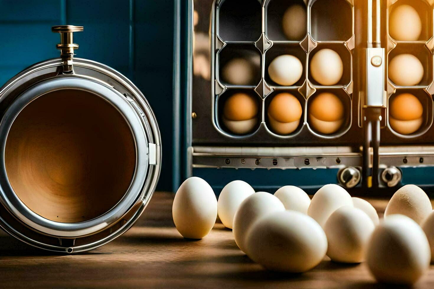 a large metal container filled with eggs. AI-Generated photo