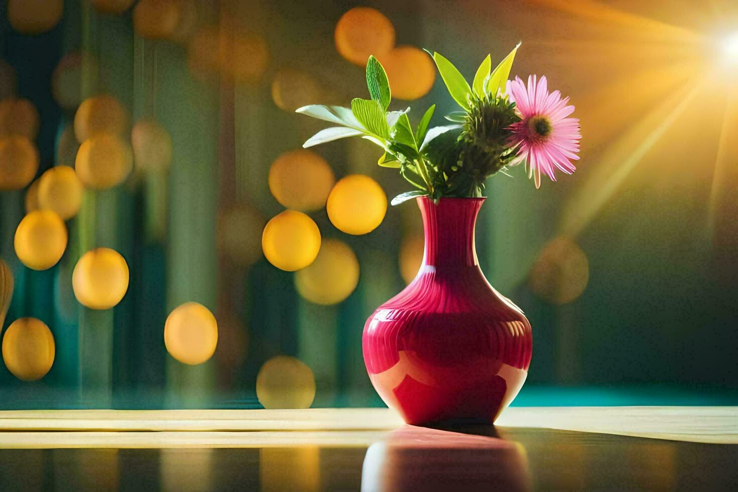 a red vase with flowers on a table in front of a bright light. AI-Generated photo